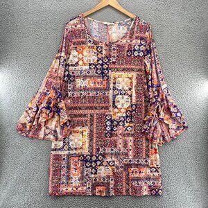 Haani Dress Womens 1X Plus Pink Multi Batik Jersey Ruffled Bell Sleeves Stretch